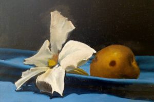 Vendita online opera di pittura a olio dal titolo "Giglio e susina" realizzata dall'artista contemporaneo Luca Ripamonti