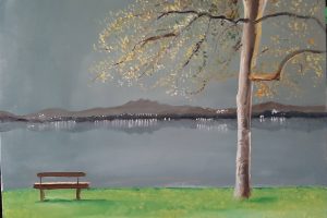 Vendita online opera di pittura a olio dal titolo "Veduta del lago di Varese" realizzata dall'artista contemporaneo Luca Ripamonti